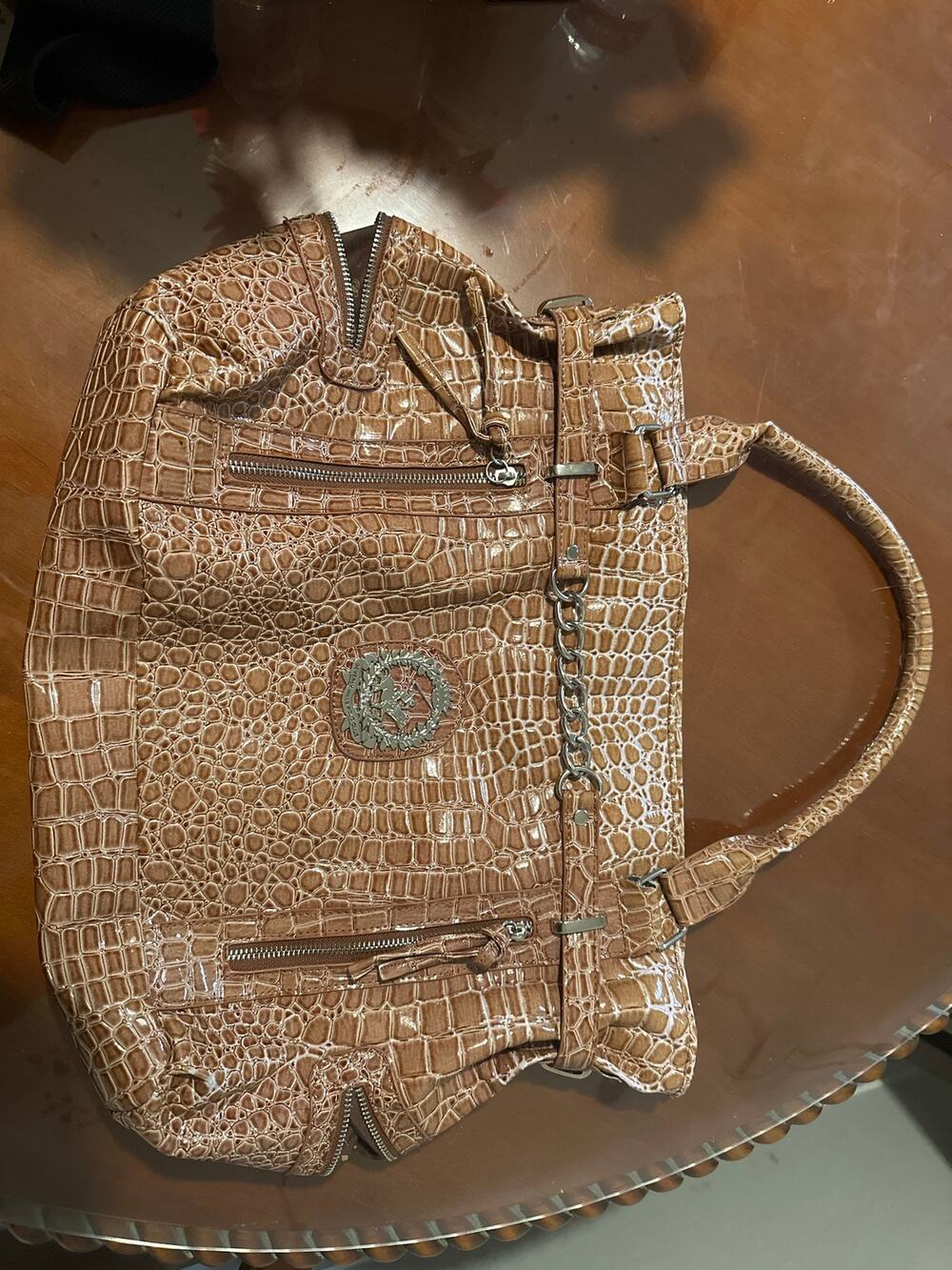 Beverly Hills Polo Club Croc-Embossed Patent Tote – Tan, Chain Strap Accent